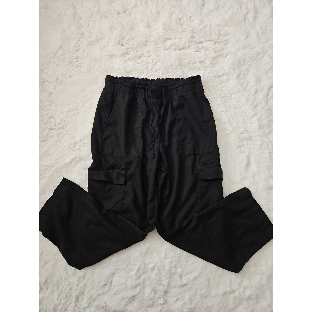 Time and Tru Linen Blend Cargo Pants Medium M 8-10 Black Wide Leg Elastic Waist